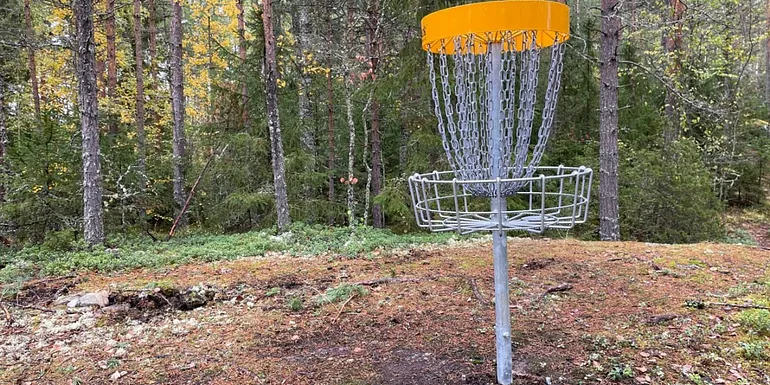 Frisbeegolfradalla oleva kori, johon kiekkoja heitetään
