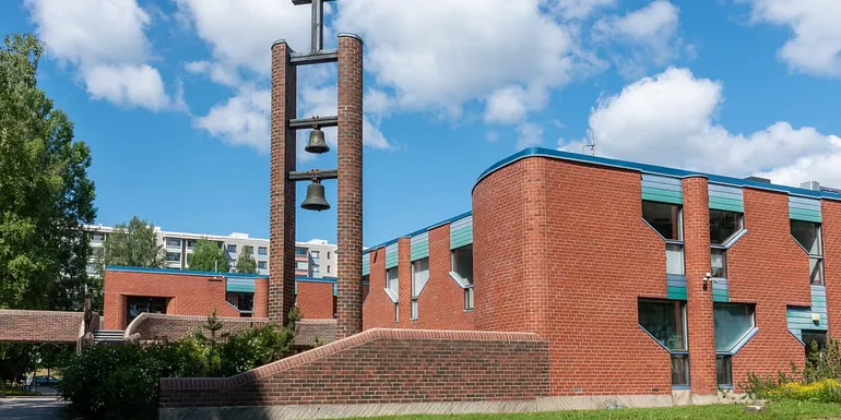 Hervanta church and bell tower are made of redbrick.