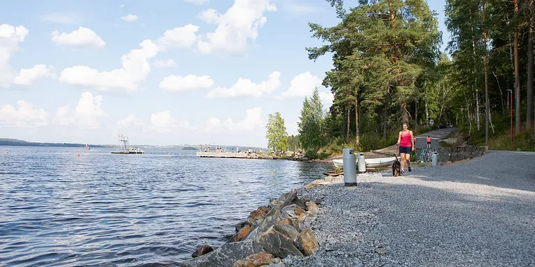 Henkilö kävelee koiran kanssa rannalla. Taustalla uimaranta.