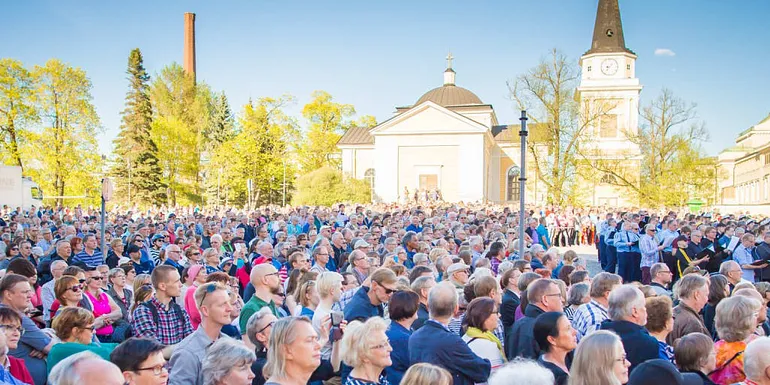 Keskustori with crowd in spring.