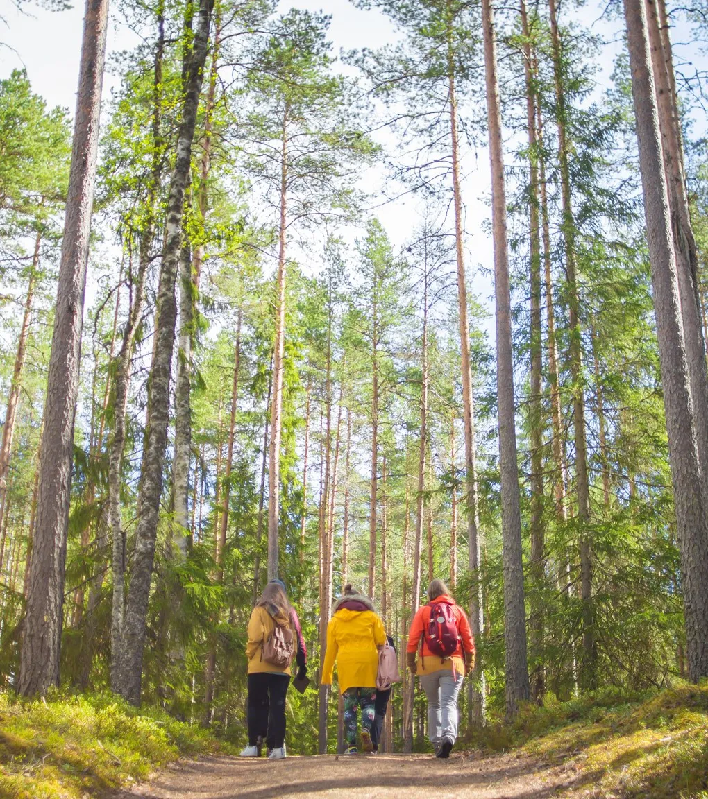 Henkilöt patikoimassa helvetinjärvellä