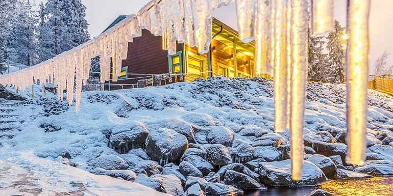 Exterior of Kaupinoja's sauna in winter seen through icicles