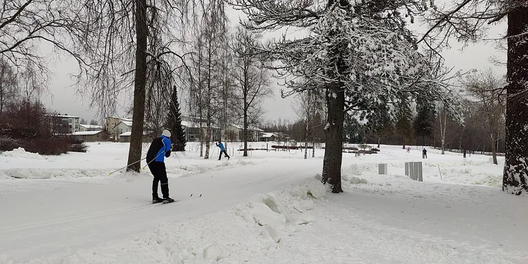 Hiihtäjä hiihtää ladulla.