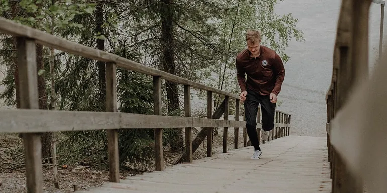 A man climbing the stairs