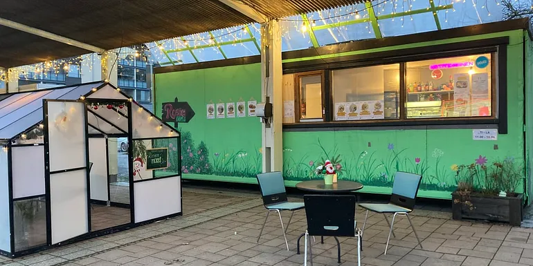 Rosie Delin etunäkymä talvimökin kanssa